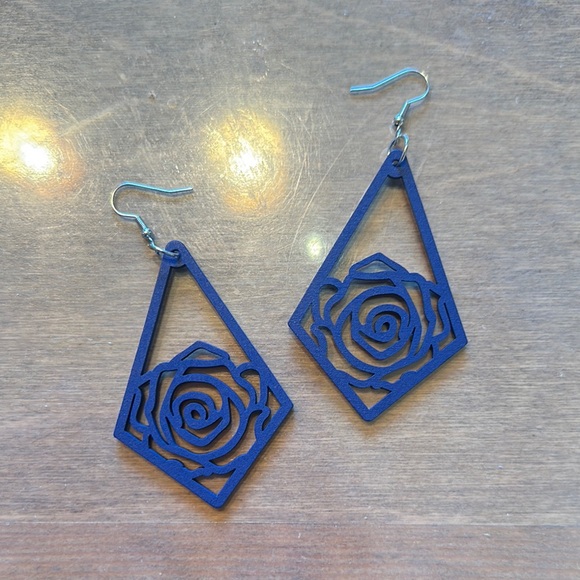 unknown Jewelry - Navy Blue Rose Wooden Earrings